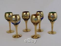 Italian Murano Venetian Art Glass Petite Wine Glasses Applied Flowers Set of 6