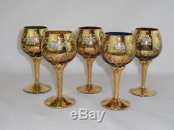 Italian Murano Venetian Art Glass Small Wine Glasses Applied Flowers Set of 5