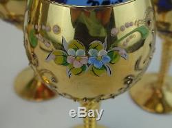Italian Murano Venetian Art Glass Small Wine Glasses Applied Flowers Set of 5
