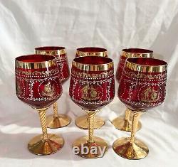 Italian Venetian Glass Ruby red Gold Enamel set of 6 Wine glasses