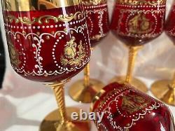 Italian Venetian Glass Ruby red Gold Enamel set of 6 Wine glasses