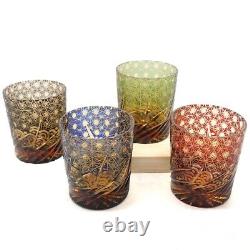J40 Set Of 4 Pieces Multicolor Edo Kiriko Wine Glasses Hand Cut Whiskey Glass