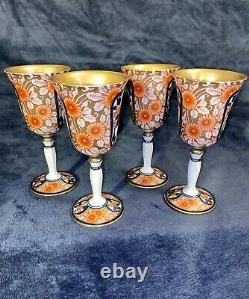Japanese Arita Yaki Set Of 4 Porcelain Wine Goblets Somenishiki Peony & Lion