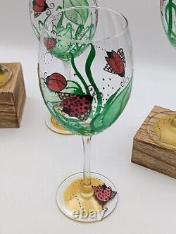 Ladybug Meadow Hand Painted Wine Glasses Ladybug Flowers Set 4 Spring Signed