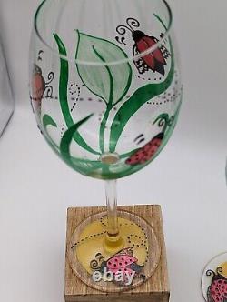 Ladybug Meadow Hand Painted Wine Glasses Ladybug Flowers Set 4 Spring Signed
