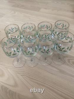 Lenox Set Of 9 Holiday Wine Goblets Glasses Gold Rim Holly & Berry WithStorage Box