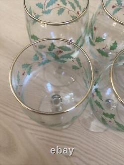 Lenox Set Of 9 Holiday Wine Goblets Glasses Gold Rim Holly & Berry WithStorage Box
