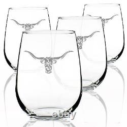 Longhorn Stemless Wine Glasses Set of 4 Western Themed Farm Decor and G