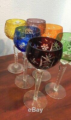 Lot Set 6 Czech Bohemian Multi Color Cut To Clear Crystal Tall Wine Hock Glass