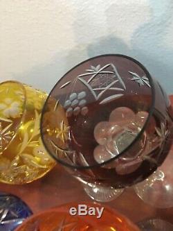Lot Set 6 Czech Bohemian Multi Color Cut To Clear Crystal Tall Wine Hock Glass