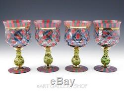 MACKENZIE CHILDS Art Glass CIRCUS ROSE LARGE WINE WATER GOBLETS Unused Set of 4