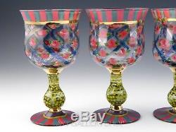 MACKENZIE CHILDS Art Glass CIRCUS ROSE LARGE WINE WATER GOBLETS Unused Set of 4