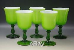 MCM MORETTI EMPOLI ITALY CASED GLASS LIME GREEN SET OF 5 WATER WINE GOBLETS 8 oz