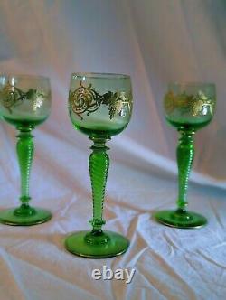 MCM Set of 6 Bohemian Green Glass Wine Goblets with gold trim