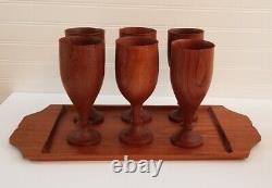 MCM Set of 6 Teak Wood Wine Glass or Water Goblet 12oz and 20 Teak Serving Tray