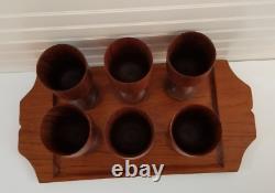 MCM Set of 6 Teak Wood Wine Glass or Water Goblet 12oz and 20 Teak Serving Tray