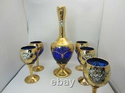 MURANO Venice Italy Blue Glass Decanter Set 5 Wine Glasses 24kt Gold Leaf