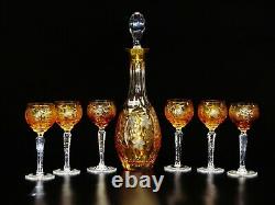 Marsala Amber Gold Cut To Clear Crystal Decanter & 6 Wine Glass Set