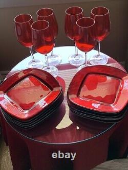 Meridian by Shanon Red Wine Glasses Set of 6 & 12 Red Bombay Tidbit Plates