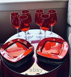 Meridian by Shanon Red Wine Glasses Set of 6 & 12 Red Bombay Tidbit Plates