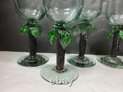 Mexican Hand Blown Glass Palm Trees Wine Goblet Glasses Set Of 6