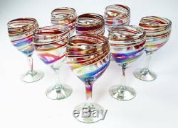 Mexican Wine Glasses, red white swirl, 12 oz, hand blown, fused colors set of 8