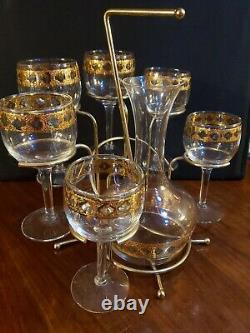 Mid Century Modern Culver Valencia Wine Carafe & Stem Glass Set withRack 22k Gold