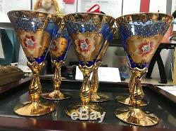 Midcentury Modern Murano Venetian Cobalt Blue Wine Glass Goblets Set of 6
