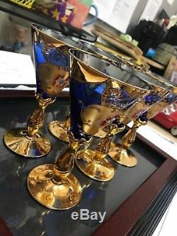 Midcentury Modern Murano Venetian Cobalt Blue Wine Glass Goblets Set of 6