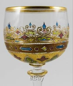 Moser Antique Set of 4 Gilt Enamel Crystal Wine Goblets Glasses
