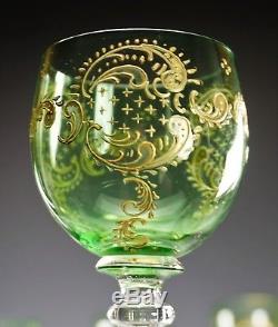 Moser Crystal Glass Green Clear Ruffle Edge Set of Six Gold Gilt Wine Stems