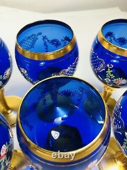 Murano Venice Italy Cobalt Blue / Gold Wine Glass 7 Goblet Set of 6 1987