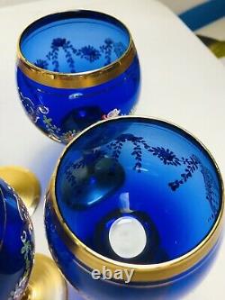 Murano Venice Italy Cobalt Blue / Gold Wine Glass 7 Goblet Set of 6 1987