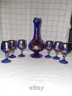 Murano cobalt blue withgold wine, liquor drink set, pitcher & 6 goblets