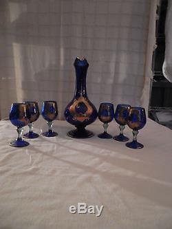 Murano cobalt blue withgold wine, liquor drink set, pitcher & 6 goblets
