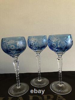 Nachtmann Traube Blue Cut to Clear Hock Wine Crystal Glasses Set Of 3 Signed