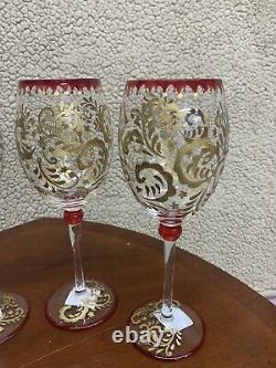 PIER 1 WINE GOBLETS Glasses RED and GOLD Swirl MOUTH BLOWN SET OF 4 NWT RARE