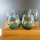 Pier 1 Set Of 4 Hand Blown Teal Blue Crackle Glass Stemless Wine Glasses NICE
