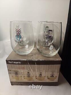 Pier 1 Stemless Wine Glasses Set of 4 Cats Dressed Up Party Hipster
