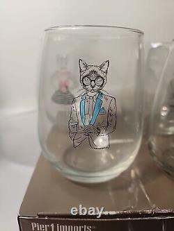 Pier 1 Stemless Wine Glasses Set of 4 Cats Dressed Up Party Hipster