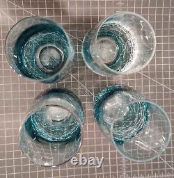 Pier 1 Teal Blue Crackle Glass Highball Tumblers Glasses Set of 4 Good Condition