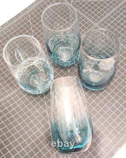 Pier 1 Teal Blue Crackle Glass Highball Tumblers Glasses Set of 4 Good Condition