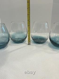 Pier One Crackle Glass Stemless Wine Glasses in Teal Blue Set of 4