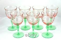 Pink Green Watermelon Wine Glasses Depression Diamond Optic Set of 7 Vtg Tiffin
