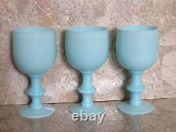 Portieux Vallerysthal 1930s Blue Opaline Milk Glass Set 3 Wine Water Goblets 6.5