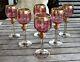 Pp Antique Set 6 Bohemian Cranberry Engraved Gold Gilt Glass Wine Goblets