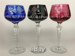 RARE Set 6 AJKA Rainbow Colors Cut to Clear Bohemian Crystal Wine Hock Goblets
