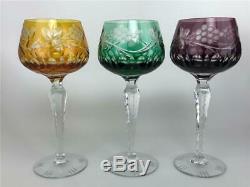 RARE Set 6 AJKA Rainbow Colors Cut to Clear Bohemian Crystal Wine Hock Goblets