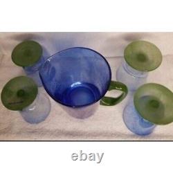 RARE-Villeroy & Boch Serra Blau Glass (Blue & Green) Pitcher & 4 Wine Glasses