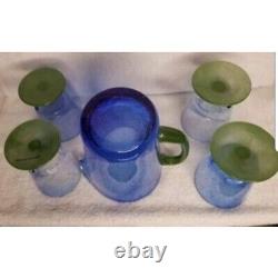 RARE-Villeroy & Boch Serra Blau Glass (Blue & Green) Pitcher & 4 Wine Glasses